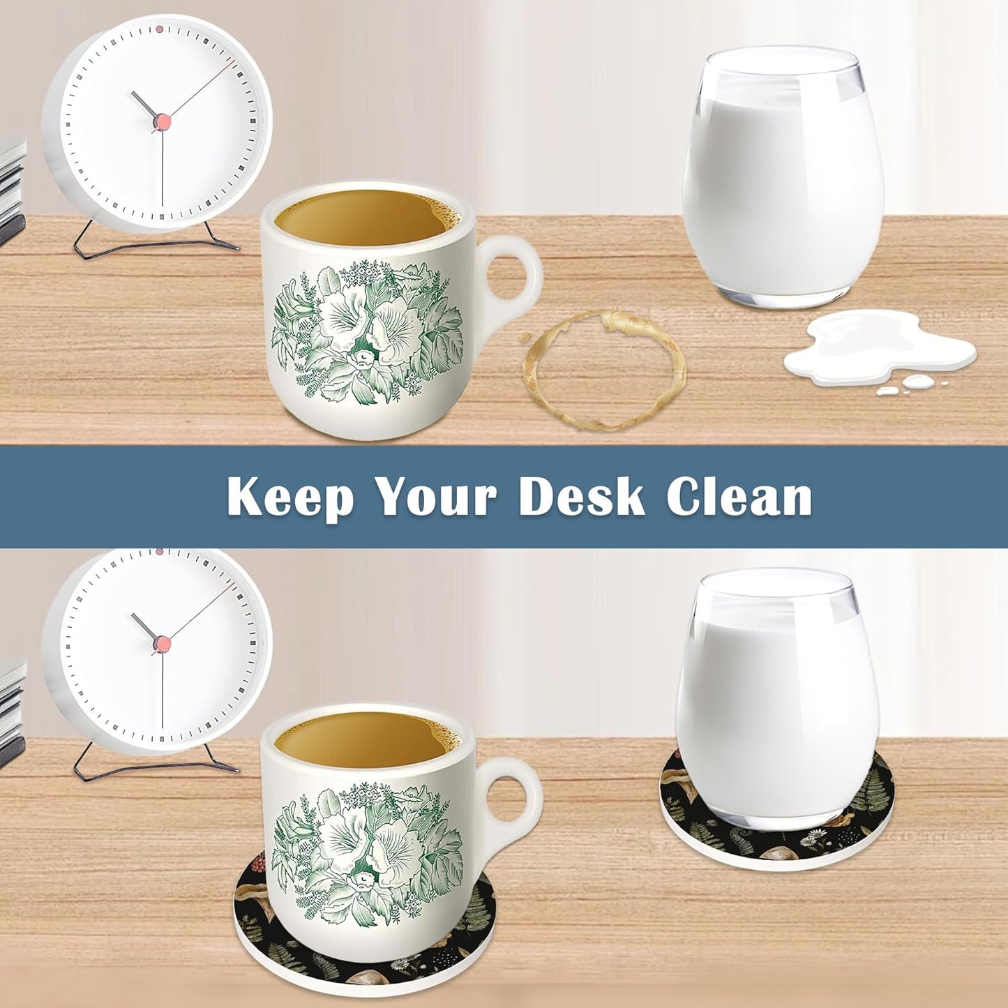 Coasters for Drinks, Set of 4 Absorbent Ceramic Coasters, Vintage Mushroom Plants Design, Non-slip Cork Base, Green, Black, Round