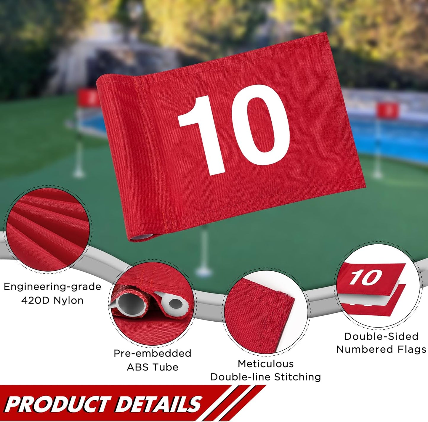 KINGTOP Numbered Golf Flag All 8x6 Inch – Upgraded Dual-Layer 420D Nylon, Double Sided Printing, Tube Inserted – Mini Practice Putting Green Flags for Yard