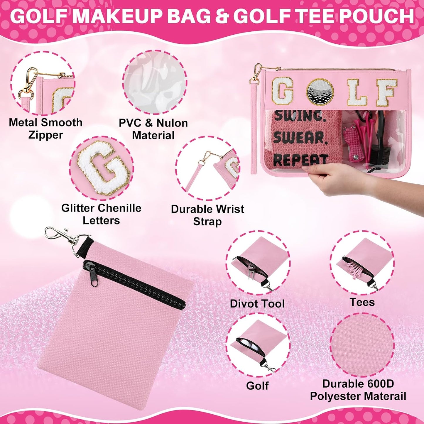 9 Pcs Golf Accessories Kit Included Golf Tees Towel Divot Tool Cleaner Brush Ball Bag PVC Makeup Bag with Chenille Letter Patch for Women Men Christmas Birthday Retirement Gifts