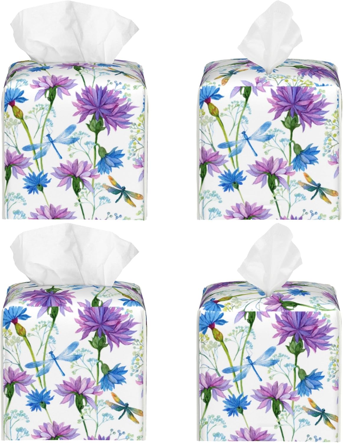 Watercolor Flowers and Dragonflies Tissue Box Cover Square,Purple Blue Floral Tissue Box Holder Waterproof Leather Facial Paper Organizer Dispenser for Bathroom Home Car Nightstand Vanity Desk