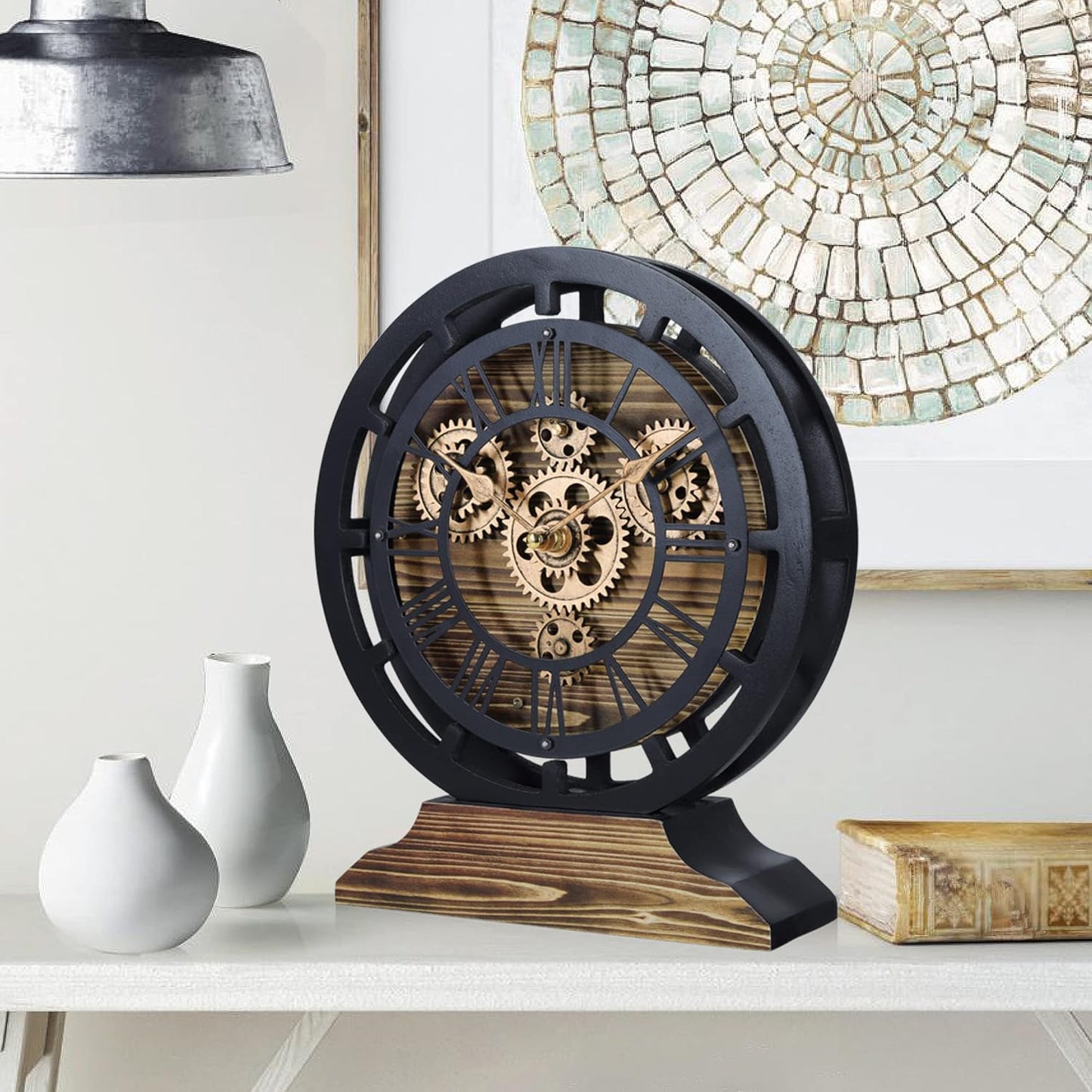 Lafocuse Small Wooden Black Wall Clock with Moving Gears for Living Room Home Decor, Farmhouse Rustic Desk Clock, Vintage Mantel Clocks, 10 Inch