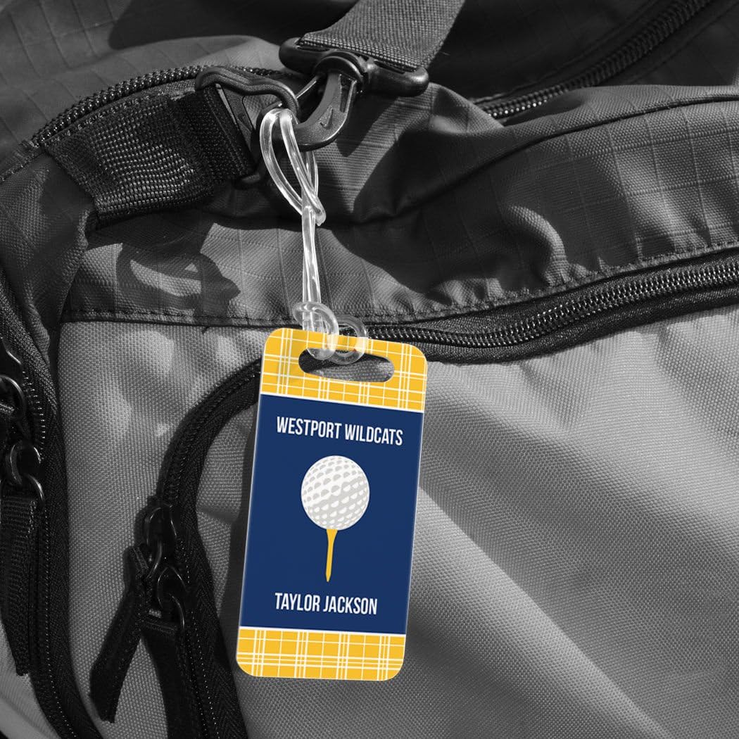ChalkTalkSPORTS Golf Luggage & Bag Tag | Personalized Team with Golf Ball | Standard Lines on Back | Small | Gold/Navy