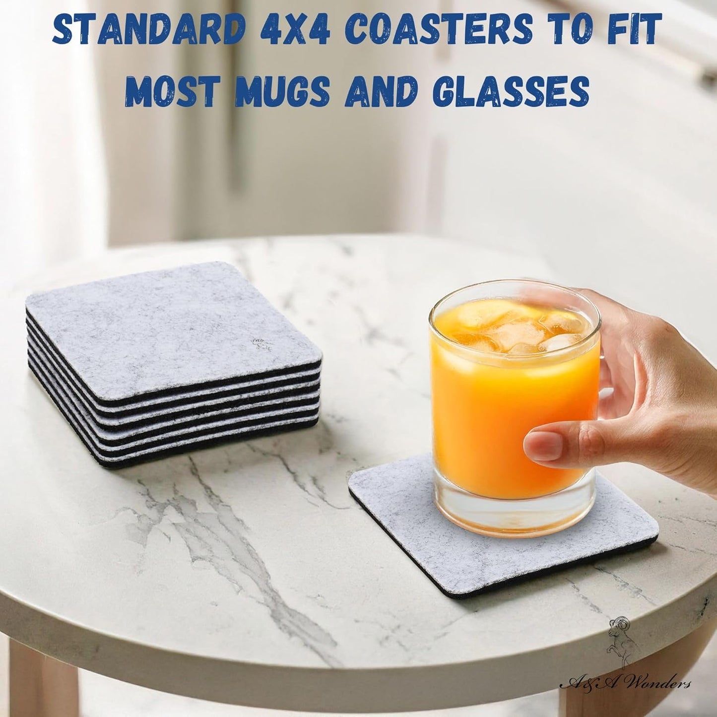 A&A Wonders Premium Felt Coasters for Drink, Two-Tone Reversible, Absorbent Felt Protects Furniture, Table, Anti Slip, Suitable for Drinks & All Table Types (Light Gray/Dark Gray, Square 12 Pack)