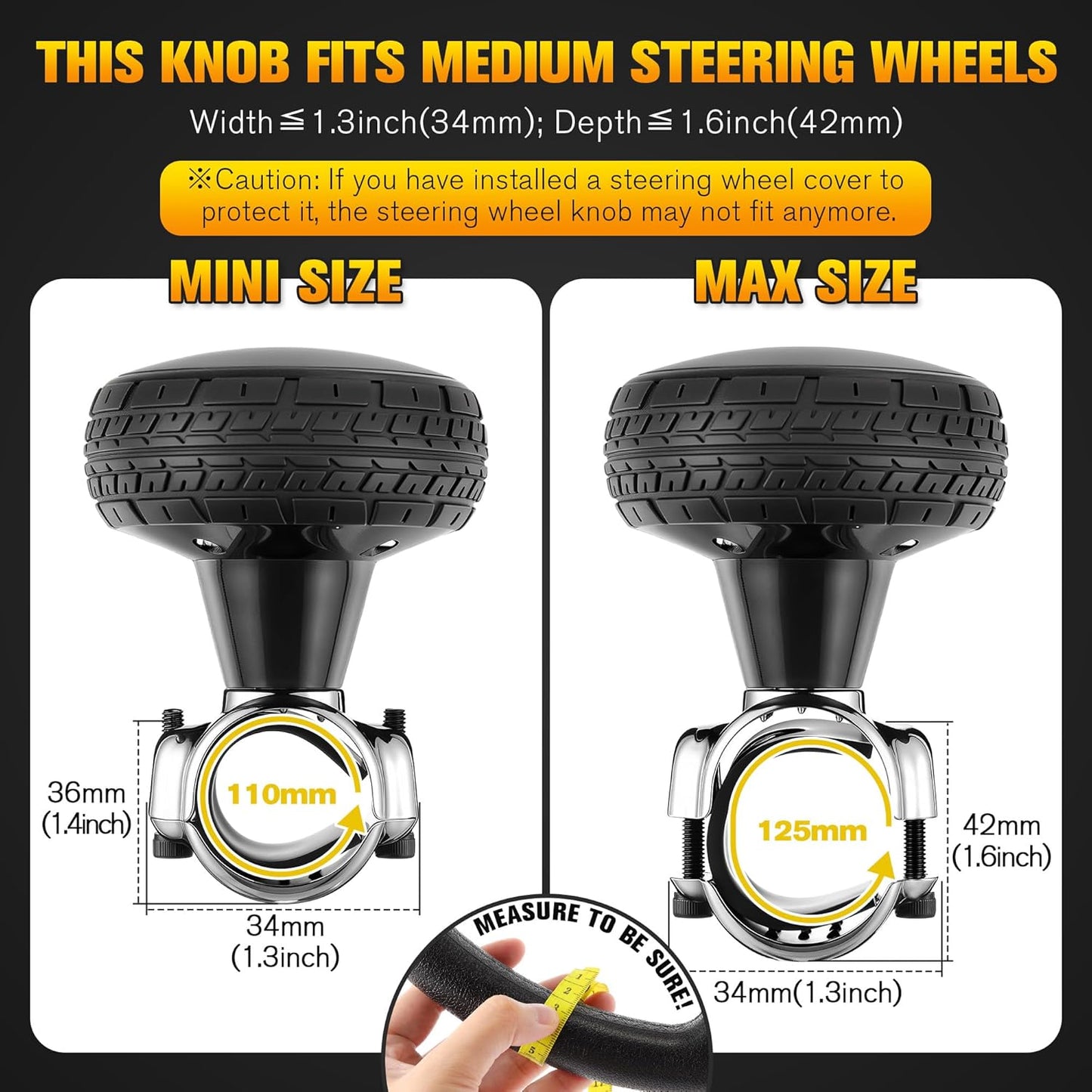 1 Pack Large Steering Wheel Knob Spinners, Vehicle Steering Wheel Spinner Ball Durable Suicide Knob for Car, SUV, Trucks, Tractors, Boat etc (Black)