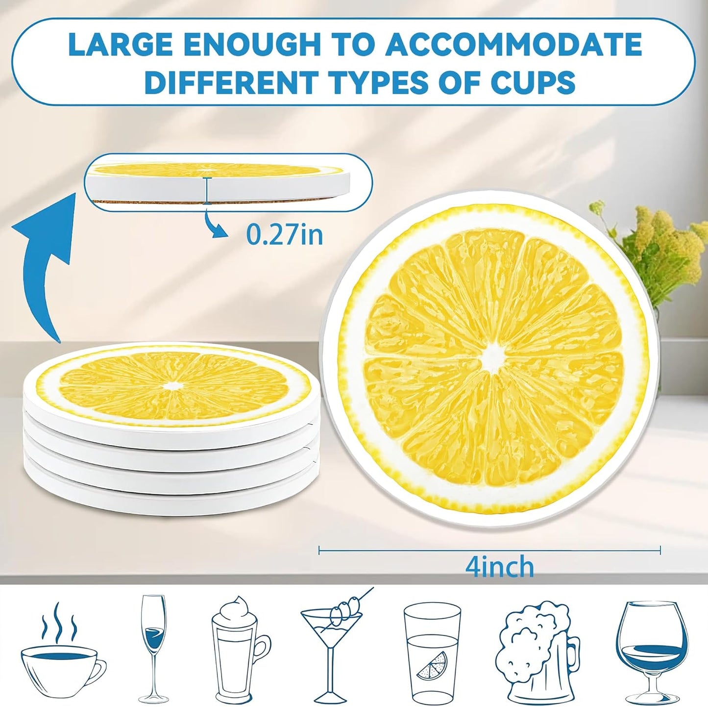 Drinks Coasters Set of 4, Lemonade Round 4" Cup Coasters, Absorbent Ceramic Stone Coasters with Cork Base, Cute Coasters for Table Home Décor, Ideal Gifts for Women Men