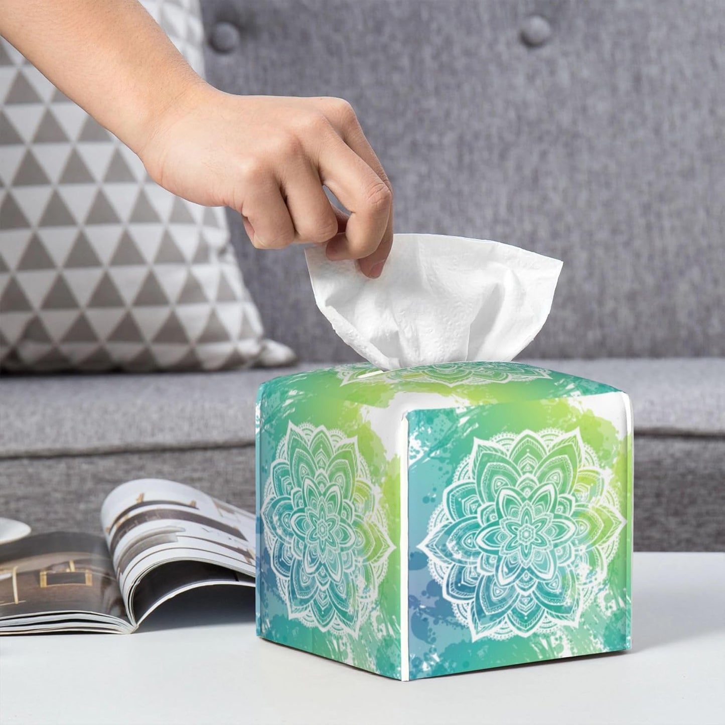 Green Boho Mandala Flower Tissue Box Cover Square, Abstract Mandala Floral Tissue Box Holder Waterproof Leather Facial Paper Organizer Dispenser for Bathroom Home Car Nightstand Vanity Desk