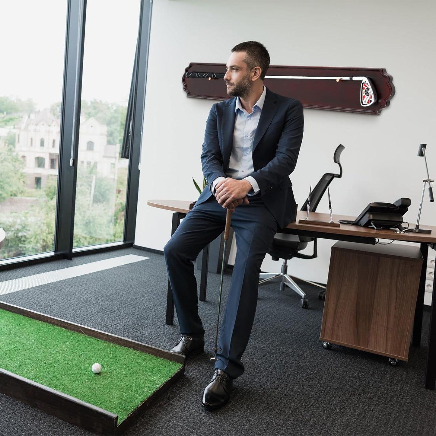 Golf Club Display Case Wall Mount Wooden 42.13 x 5.9 x 0.47 Inch Wall Mount Wooden Storage Display Rack for Antique or Vintage Golf Clubs