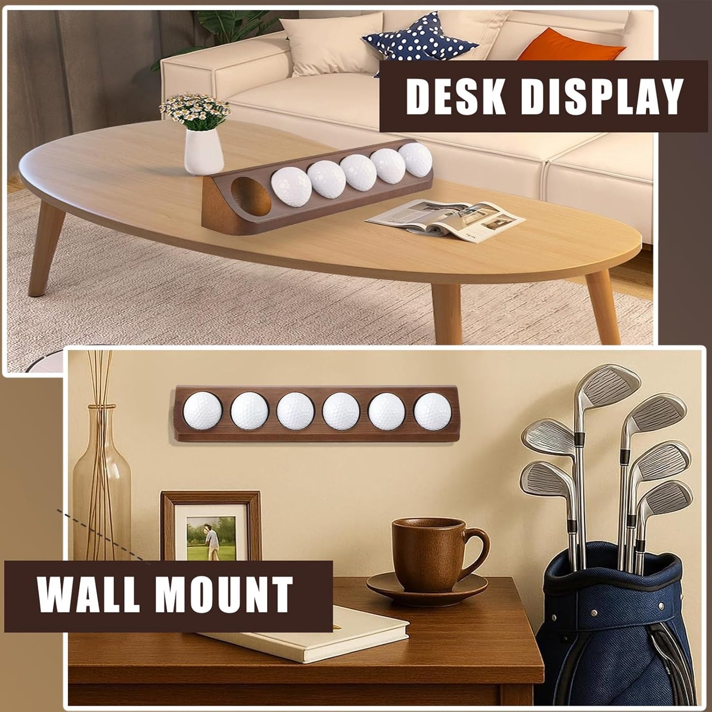 Wooden Golf Ball Display Case 1 Pack, Golf Ball Holder Display with Wall Mount & Tabletop Stand - Displays 6 Standard Size Golf Balls, Golf Accessories Gift for Men (Walnut Color)