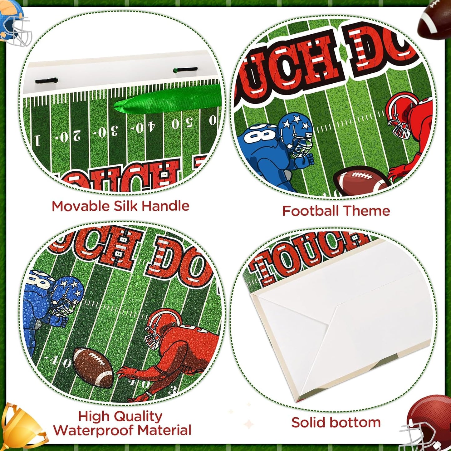 Football Party Gift Bag, Green Football Gift Wrap Bag with Tissue Paper Card Decorations for Sports Party Favor Touchdown Birthday Goodie Gifts Wrapping Bags for Boys Men Team Baby Shower Supplies