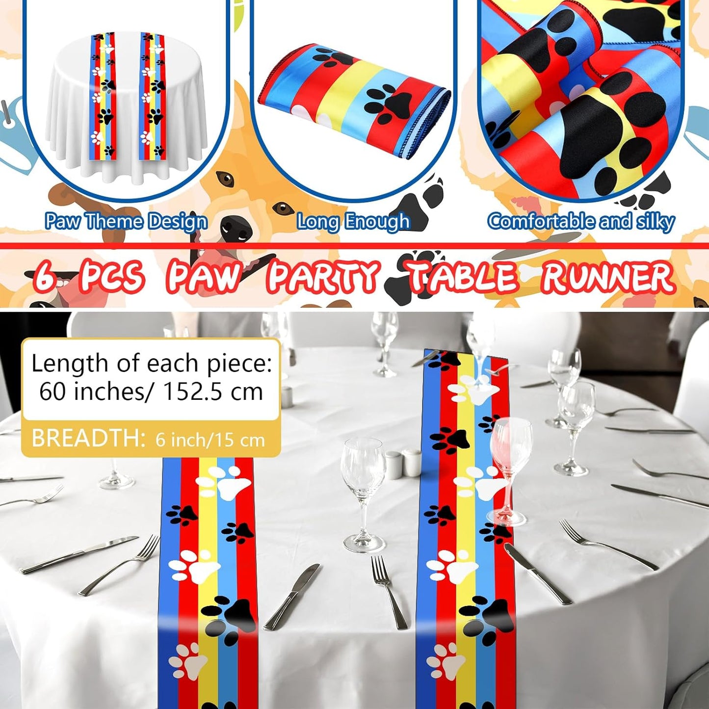 6 Pcs Paw Printed Table Runner 60 x 6 Inch Dog Paw Tablecloth Runner Gold Red Blue Striped Table Decoration for Dog Theme Birthday Party Decorations