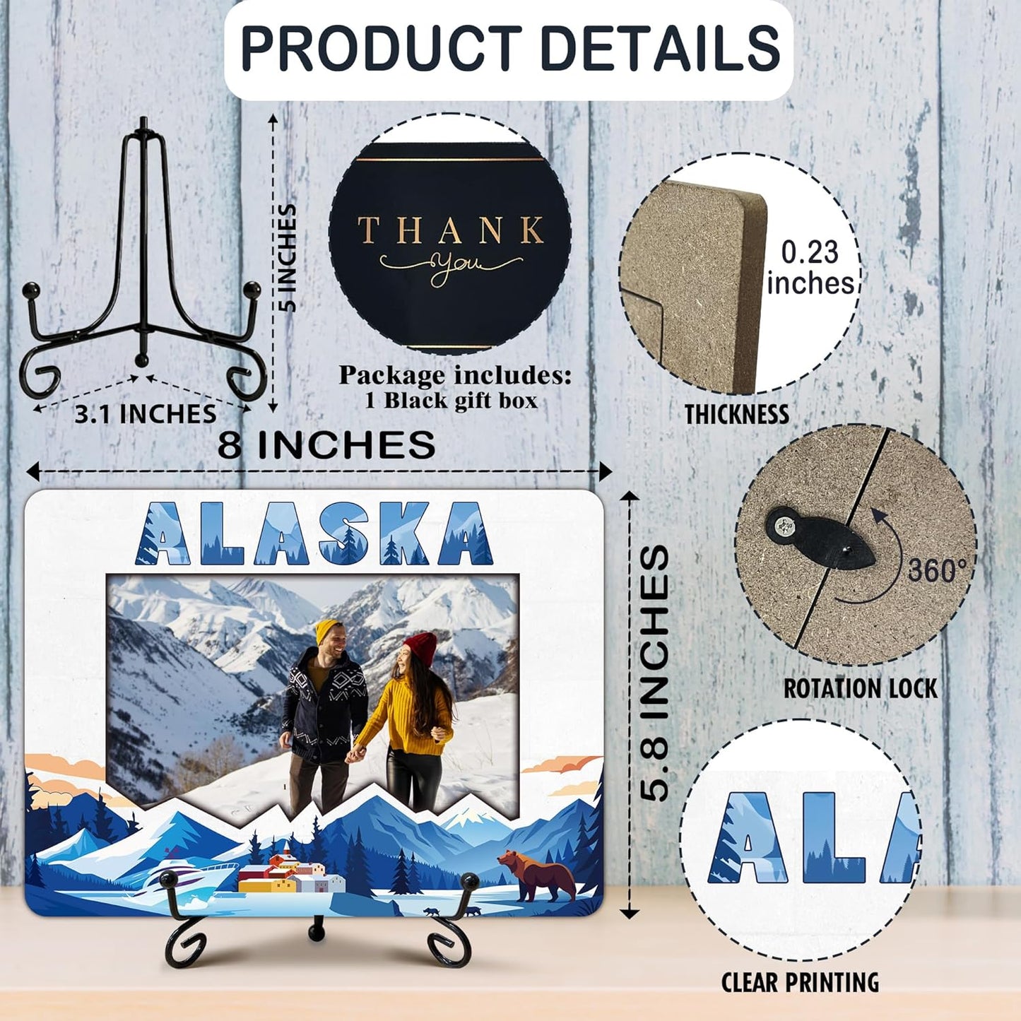 Alaska Photo Frame, 5 x 8 Wooden Picture Frame with Stand, Alaska Vacation Friendship Birthday Love Gifts for Couple Friends Family, Home Office Desk Holiday Decorations-A02