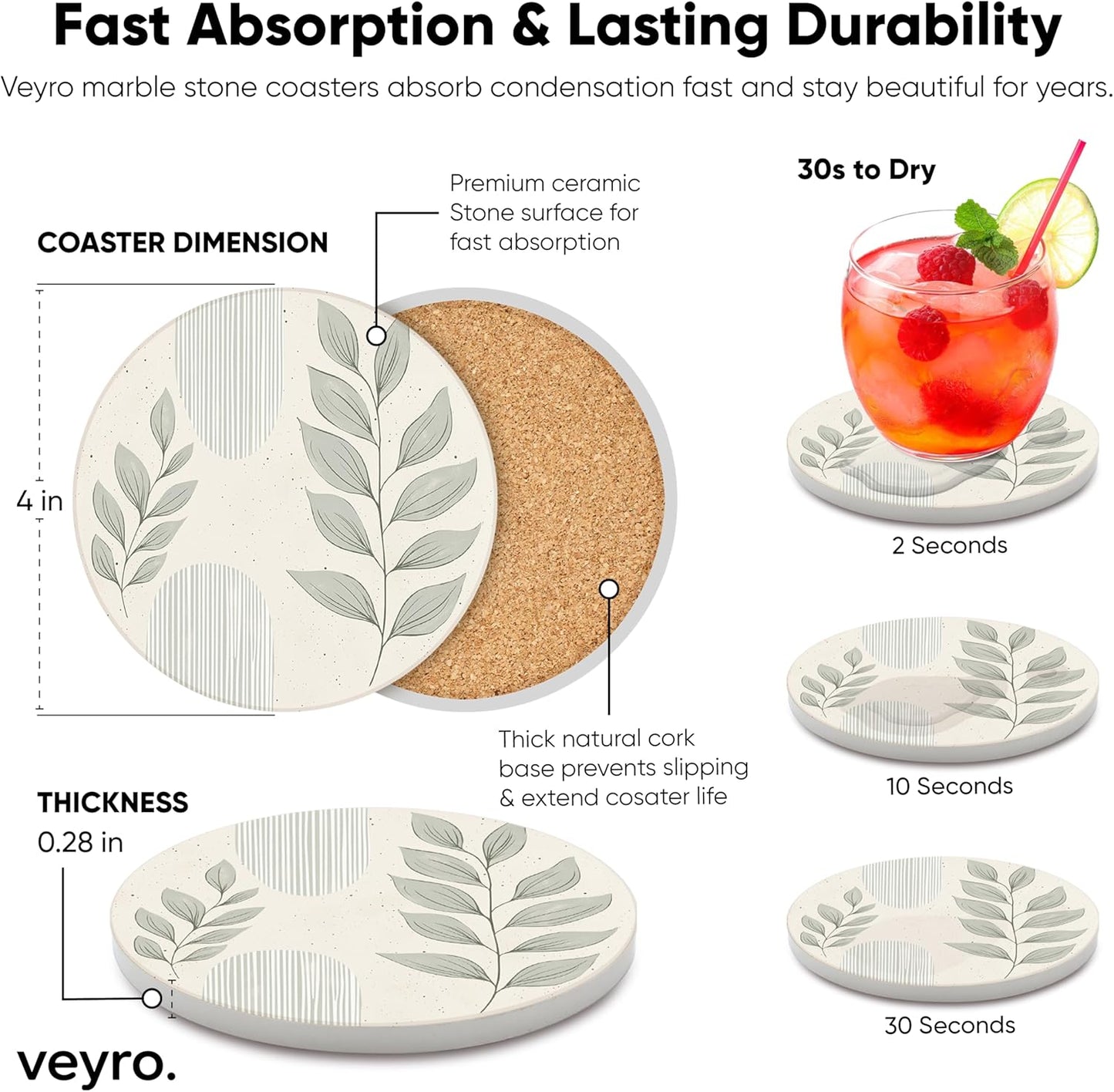 VEYRO Coasters Set of 6 for Drinks – Absorbent Ceramic Stone Drink Coasters with Cork Backing for Coffee Table & Desk, Modern Boho Look Cup Coaster Set, Housewarming Gift for New Home