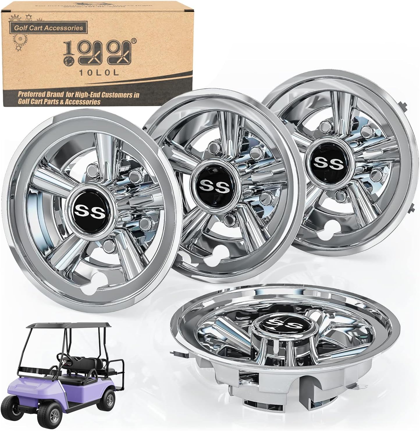 10L0L Golf Cart SS Wheel Covers Hub Caps for EZGO, Club Car, Yamaha - 8 Inch Snap-on Installation, Chrome, Set of 4