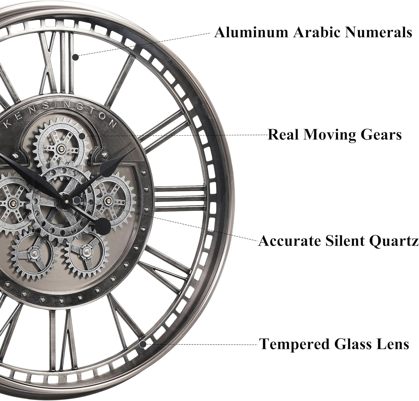 CLXEAST 28 Inch Original Real Moving Gear Wall Clock Roman Numerals,Oversized Large Wall Clocks for Modern Farmhouse Living Room Home Decor,Brushed Gunmetal