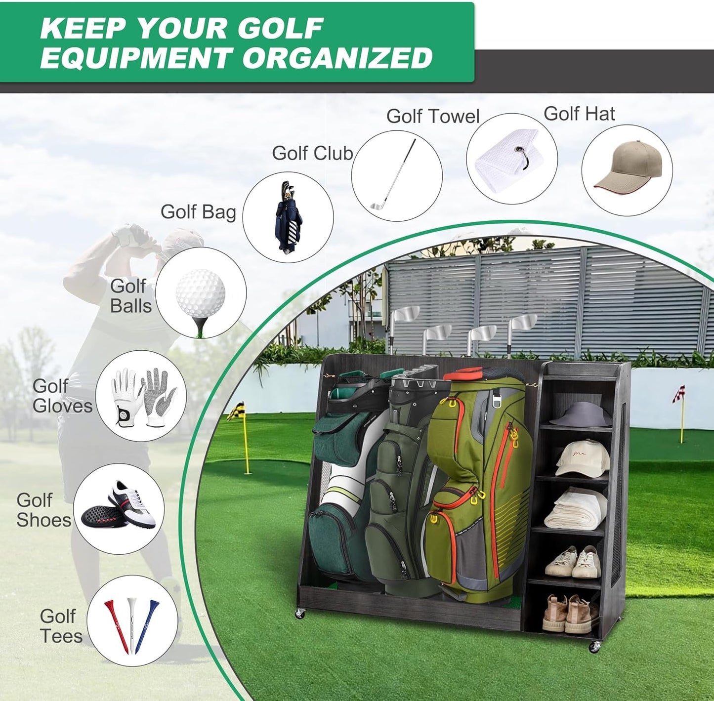 Wooden Golf Bag Organizer Garage Large Golf Bag Storage Rack Stand with Wheels Fits 3 Golf Bags, Golf Clubs and Other Golfing Equipment Accessories Golf Bag Holder for Garage, Club, Shed Basement