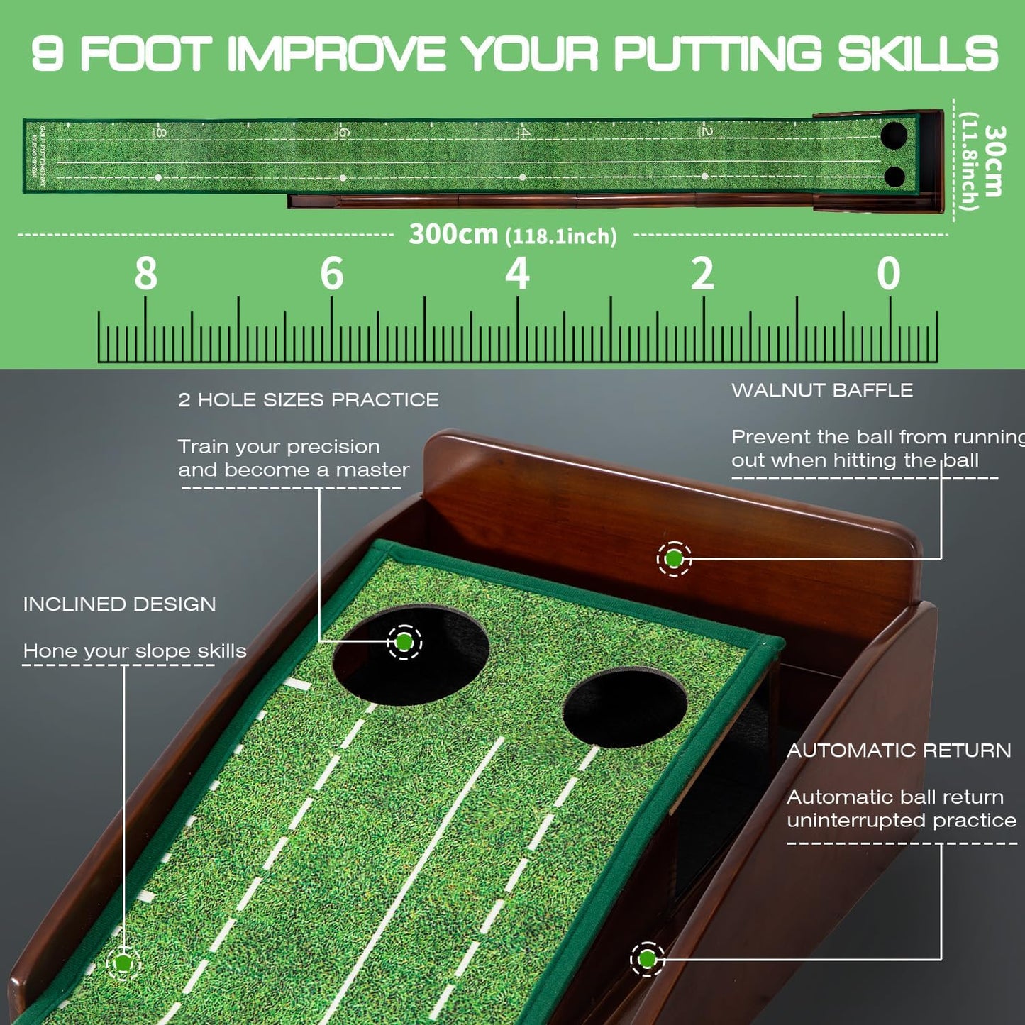 Putting Green Portable Indoor Putting mat，Includes Putting Practice Ball, Wrinkle-Free Mat, and Solid Wood Construction,Office, Living Room, Golf Gift