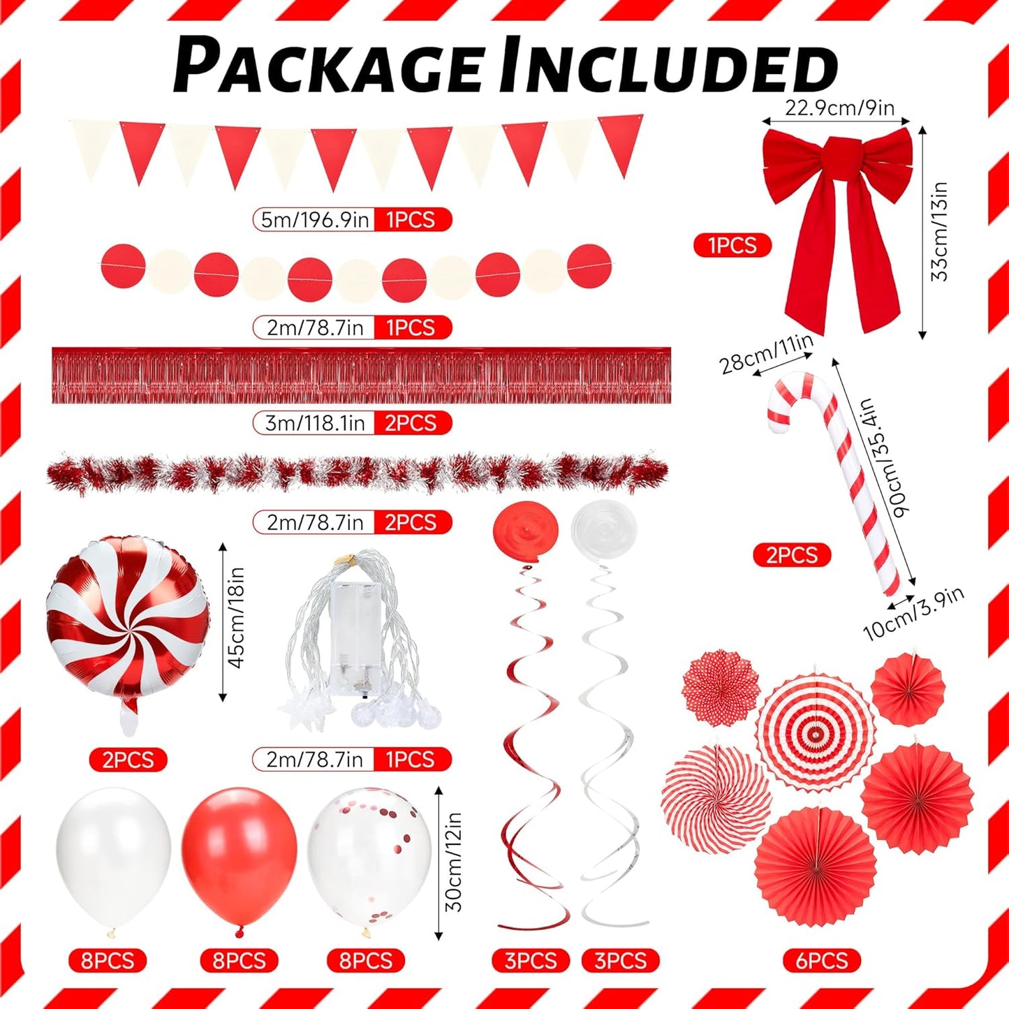 48 Pcs Christmas Parade Golf Cart Decoration Kit with Light String Red White Streamers Candy Canes Balloons Bow Pleated Fan Fringe Banners for Christmas Holiday Party Golf Cart Accessories