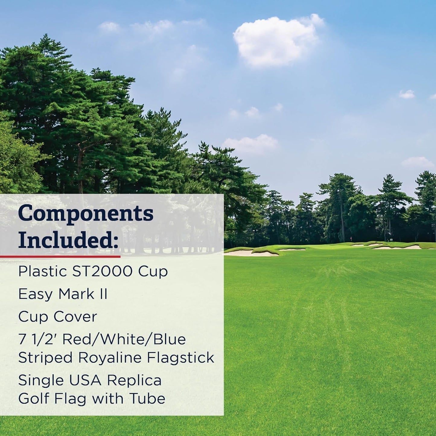 Standard Golf Regulation flagstick, cup & pin flag to use in your backyard or other open space for practice. Use the same products as used by golf courses all over the world and on tour.