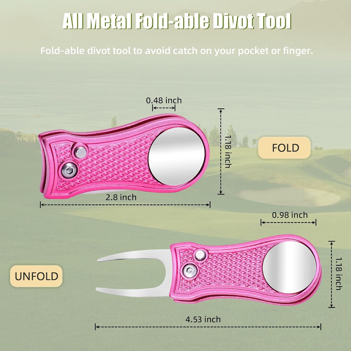 Mile High Life Golf Divot Repair Tool, All Metal Foldable Divot Tool with Pop-up Button & Magnetic Ball Marker