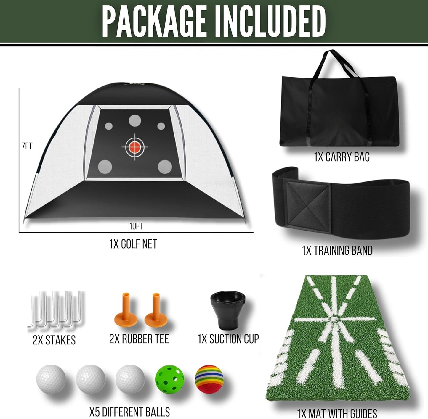 Golf Net 10x7ft – All-in-One Indoor/Outdoor Practice net with Multiple Targets, Heavy-Duty Base, tee, Balls & Bag for Driving, Chipping & Swing Training for Golf Lovers & dads.