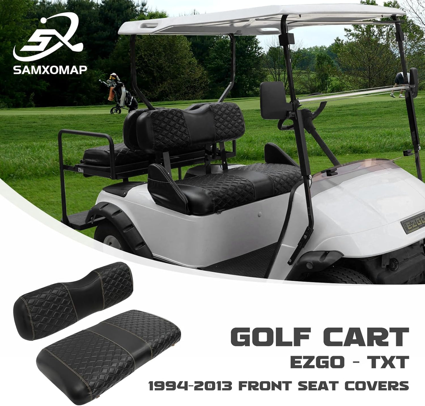 Golf Cart Seat Covers for EZGO TXT 1994-2013 Front OEM Universal Seat Cushion, Marine Grade Vinyl Leather EZGO TXT Seat Covers/Easy to Install-Black (2PCS)