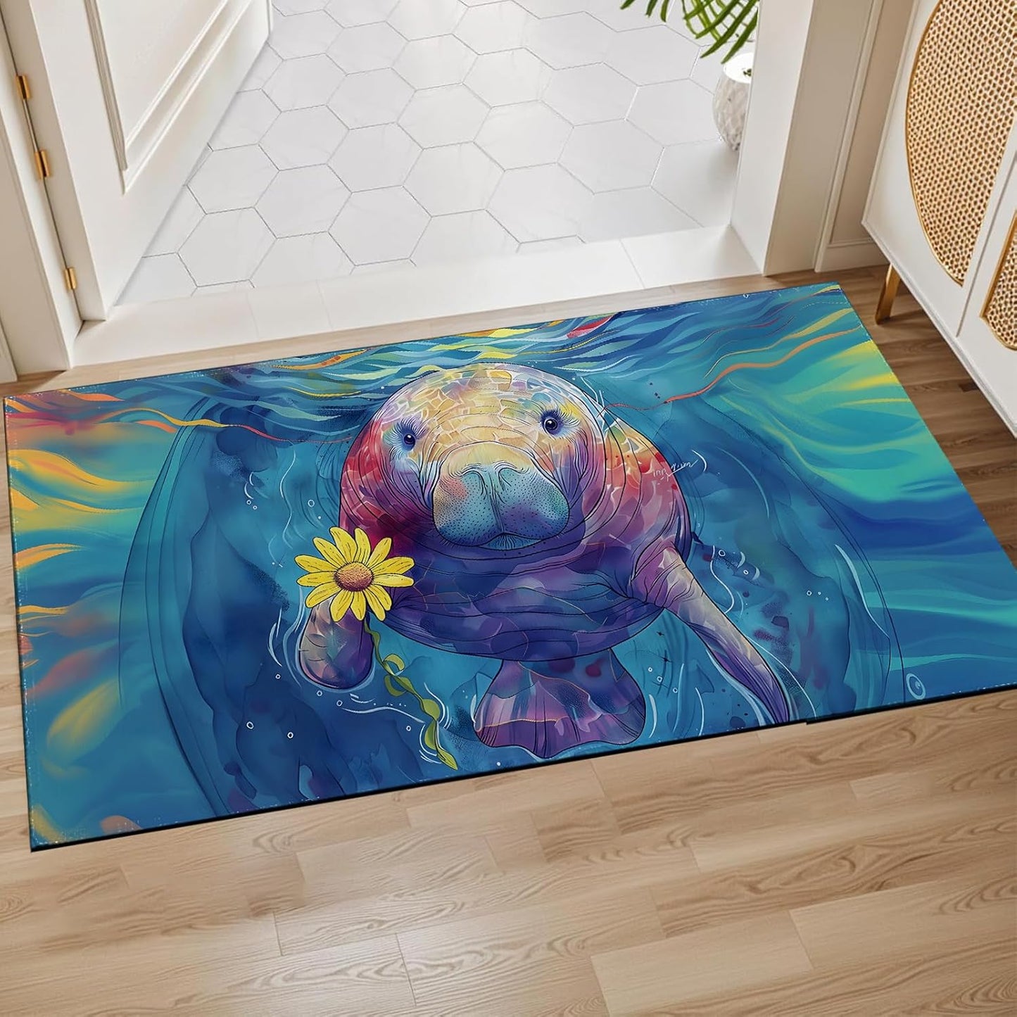 Colorful Manatee with Flower Indoor Door Mat,Whimsical Marine Floor Doormat,17x29.5in,Non Woven Non Slip Rubber Backing Ocean Rug for Porch Insider,Kitchen,Doormats Gifts,Rv Camper Decor