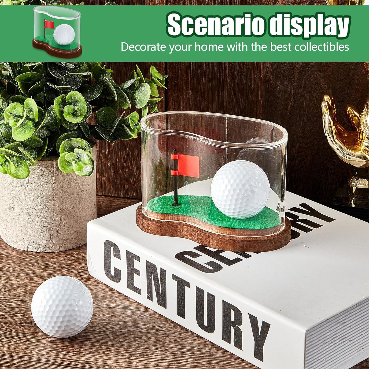 Soaoo 3.94 x 2.95 x 3.43'' Golf Ball Display Case Acrylic Golf Ball Transparent Holder Display Stand Clear Memorabilia Storage Box with Flag and Wood Base for Single Golfball Enthusiasts Gift