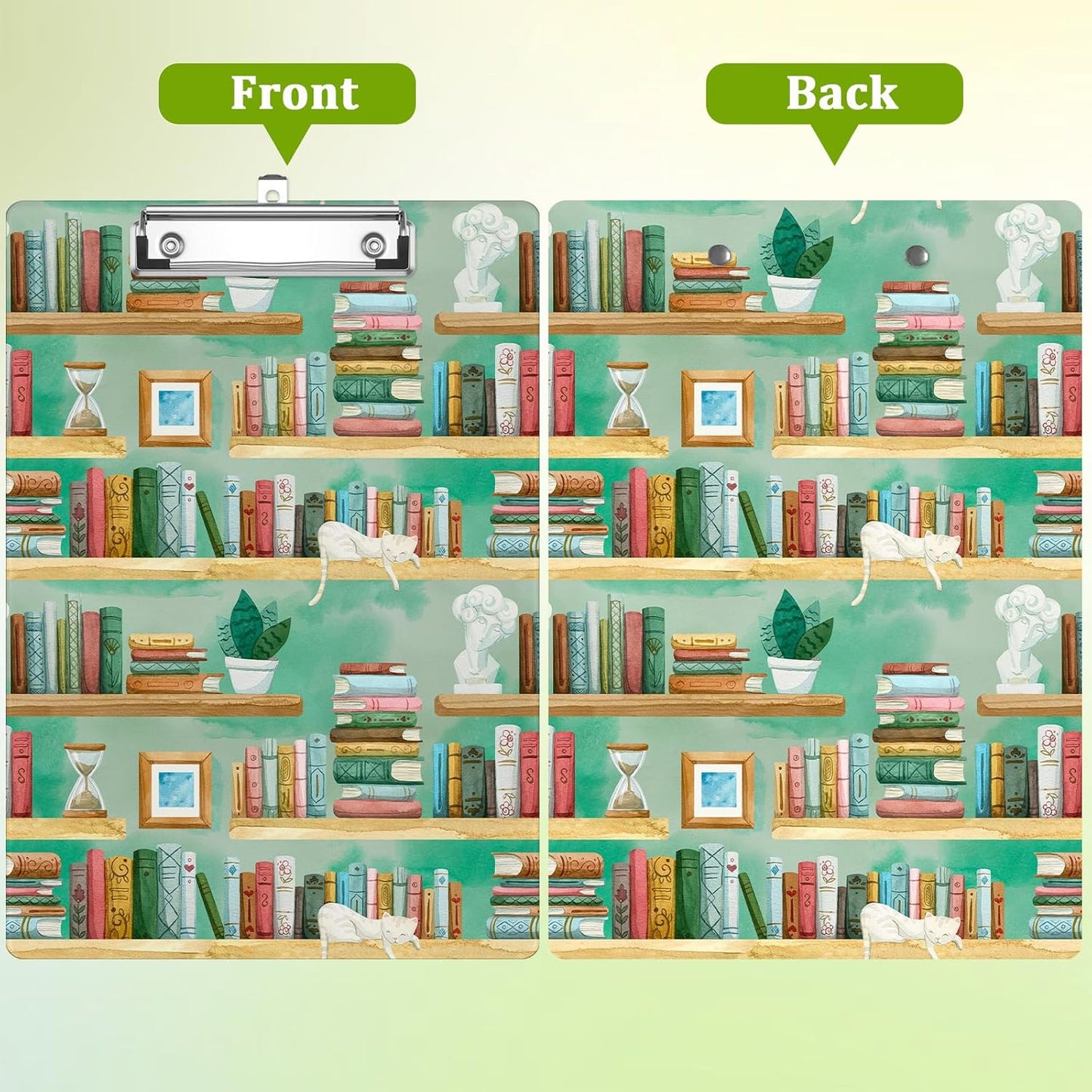 Cat Bookshelves Clipboard,Decorative Acrylic Clipboard with Low Profile Metal Clip for Office,School,Teachers,Students Standard Letter Size 9x12.5