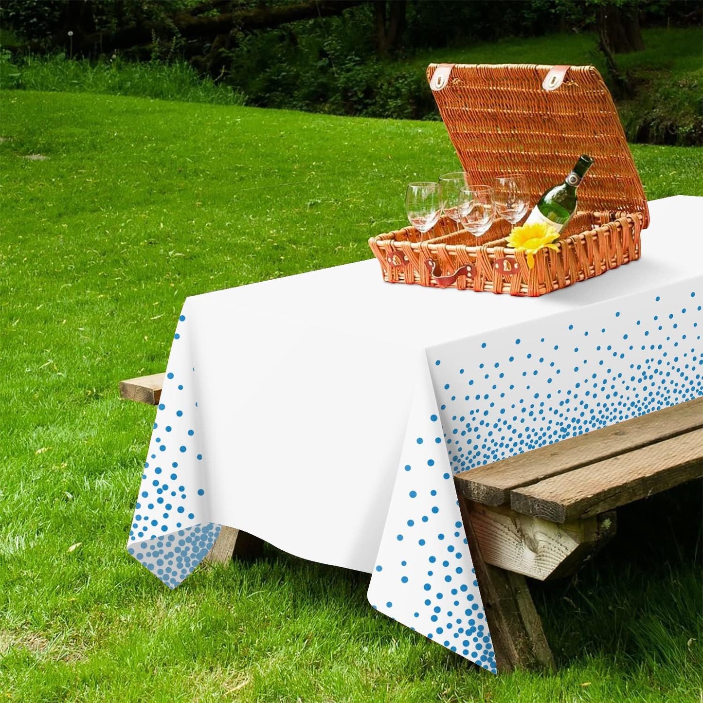 QIKSION 12 Pack White and Blue Dot Plastic Tablecloth, Waterproof Disposable Party Table Cloths for Baby Shower, Wedding, Anniversary, Birthday Party(54 × 108 Inch)