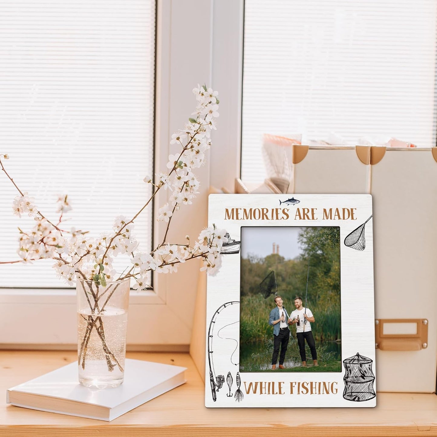 Fishing Picture Frame 5x7, Holiday Decor Photo Frame, FishingGifts for Fisherman Friends Men Dad Grandpa, Memories are Made While Fishing Wooden Picture Photo Frames for Desk Home Room Decor
