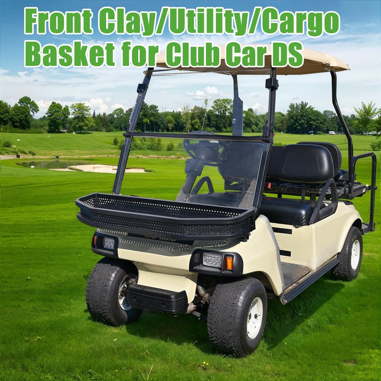 10L0L Golf Cart Front Clay Utility Cargo Basket for Club Car DS Gas & Electric, Heavy-Duty Steel Drop Mesh Storage Rack