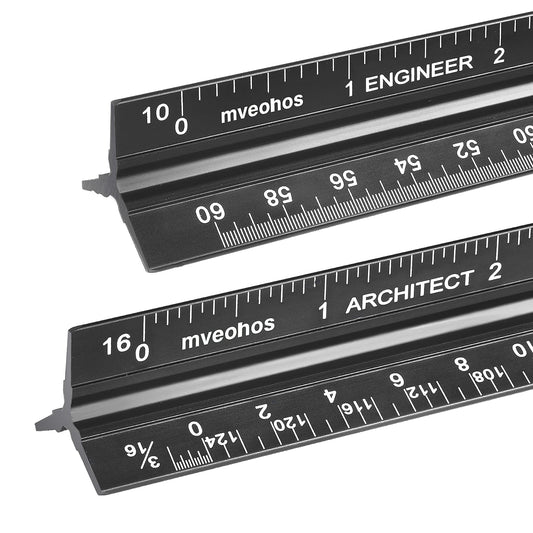 Architectural and Engineering Scale Ruler Set, Imperial Measurements 12'', Black Laser-Etched Aluminum Architect Triangular Ruler for Architects, Students, Draftsman, and Engineers
