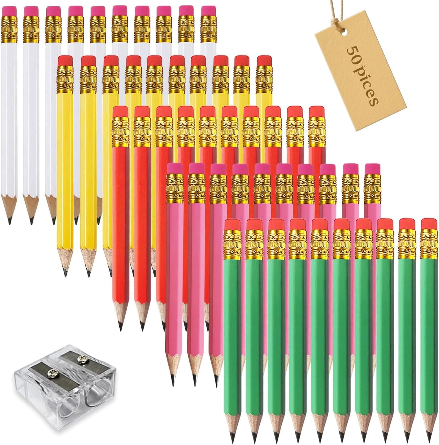 Adhere 25pcs Golf Pencils with eraser Hexagon Wooden Pencils Graphite 2B for Golf Event Scoring,Classroom,Wedding,Company Meetings,Pew, Pocket (Z- White・Pink・Red・Yellow・Light green・50pcs)