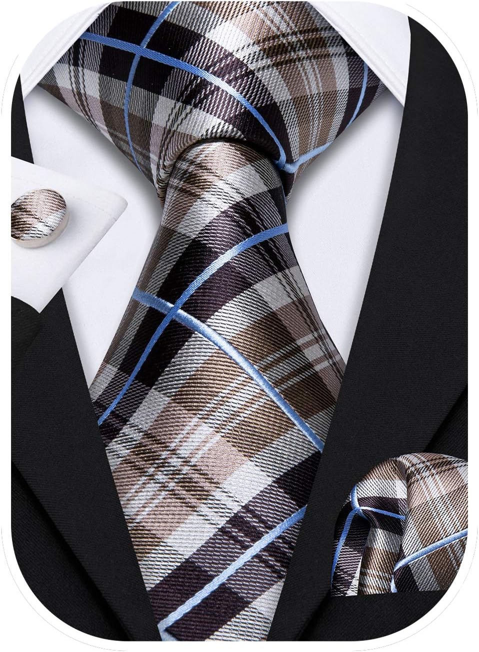 Barry.Wang Designer Classic Ties for Men Set Formal Pocket Square Cufflink Check Plaid