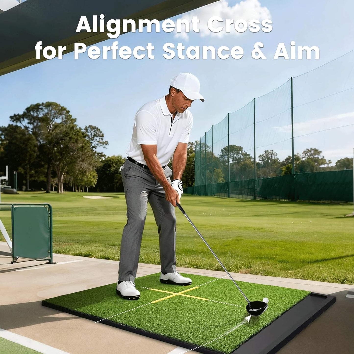 Golf Hitting Mat with Ball Tray, Stance Guide Cross-Line, 5x4ft & 6x4ft, 26mm & 31mm Thickness Green Turf Practice Mats for Indoor Outdoor, for Men, Dad, Husband & Golf Lovers