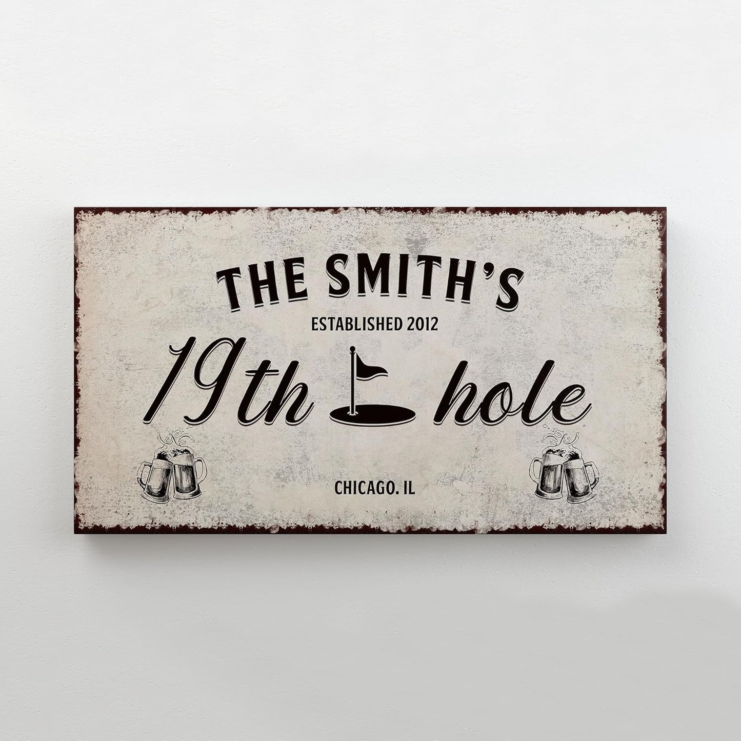Awesometik 19th Hole Retro Vintage Golf Wall Art Sign with Beer Mugs, 12x24 inches, Wooden Canvas, Wall Mount, Adult Golfer Man Cave Bar Decor