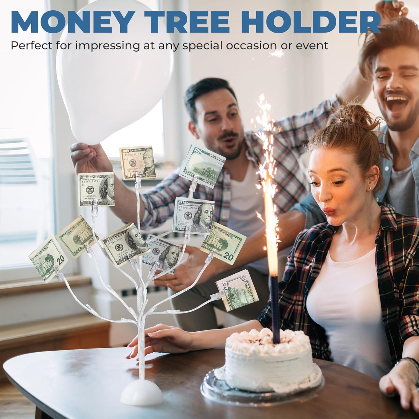 CraftyCrocodile LED Gift Card Tree Holder - Metal Display Stand with 10 Flexible Clips for Photos, Money, Lottery Tickets, Cards & Notes - 25 Warm Lights