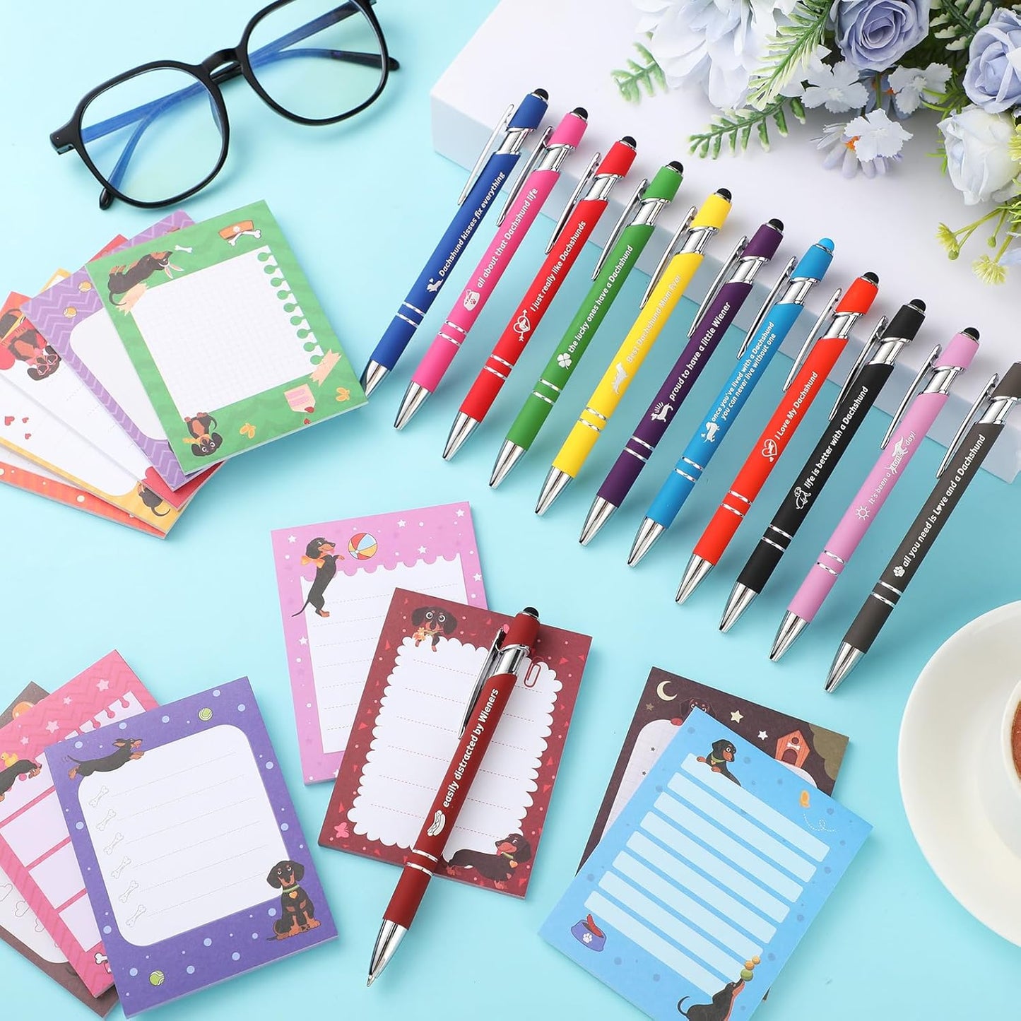 Geyee 24 Pcs Dachshund Sticky Notes with Funny Pens Fun Notepads for Adults Dog Lover 3 x 4 Inch to Do List Notepads with Sayings Pen for Christmas Lab Week Gifts Home Office Supplies