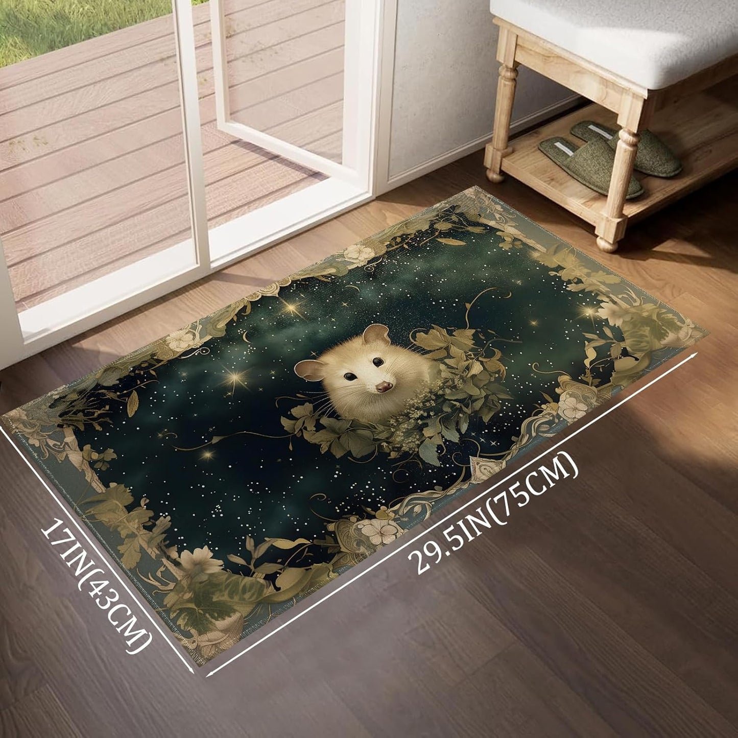 Vintage Opossum Indoor Door Mat,Retro Possum Floral Frame Floor Doormat,17x29.5in,Non Woven Non Slip Rubber Backing Animal Rug for Porch Insider,Bedroom,Kitchen,Doormats Gifts,Rv Camper Decor
