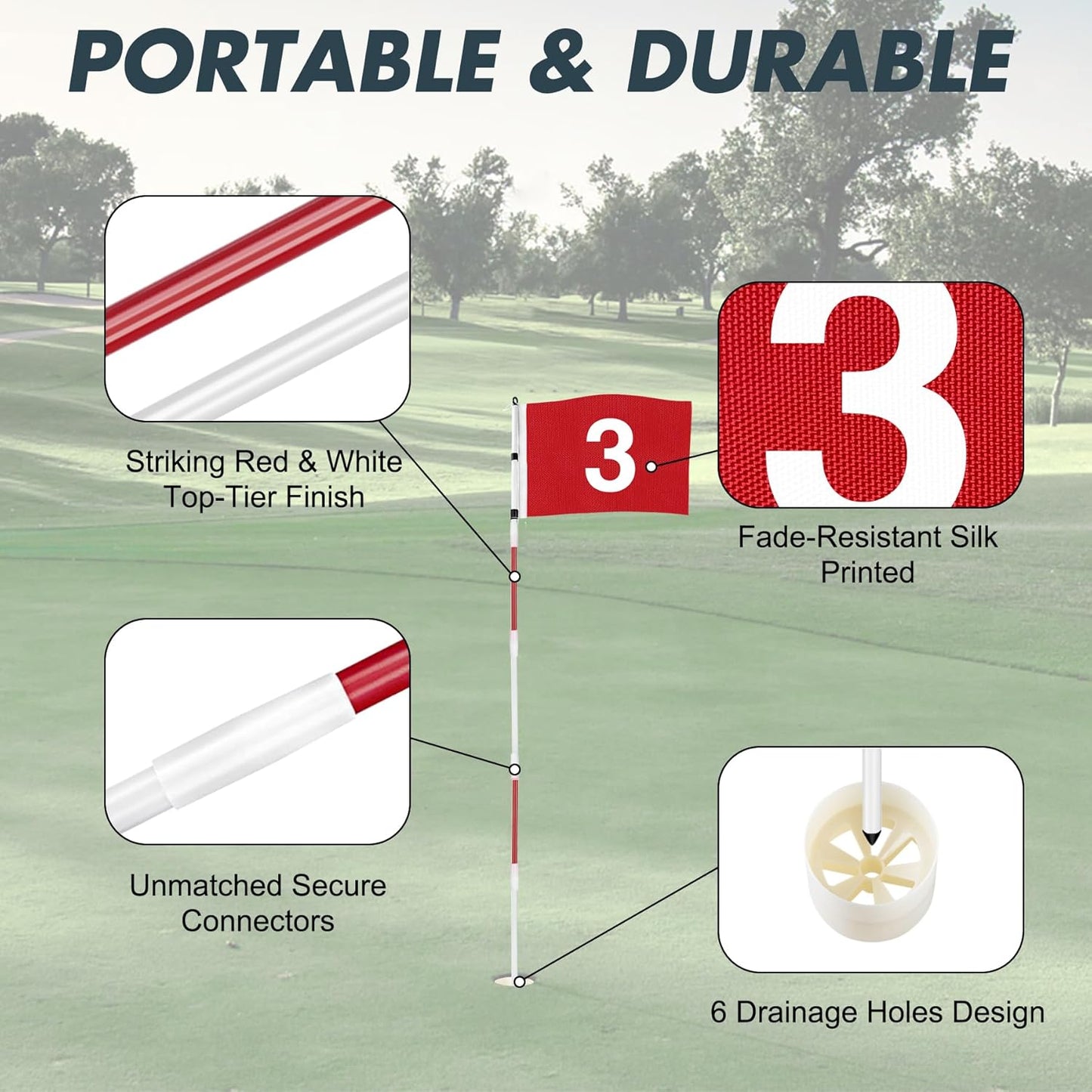 Golf Flagstick 6ft, 5-Section Design, ABS Hole Cup, 420D Nylon Flag for Backyard Practice Putting Green | Driving Range | Country Club, Gift for Golf Lovers