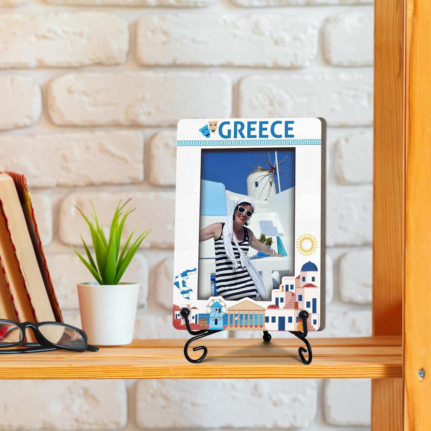 Greece Travel Picture Frame, 5 x 8 Greece Themed Wooden Photo Frame with Stand, Vacation Anniversary Honeymoon Gifts For Friend Family Couples, Home Office Desk Decorations-A21
