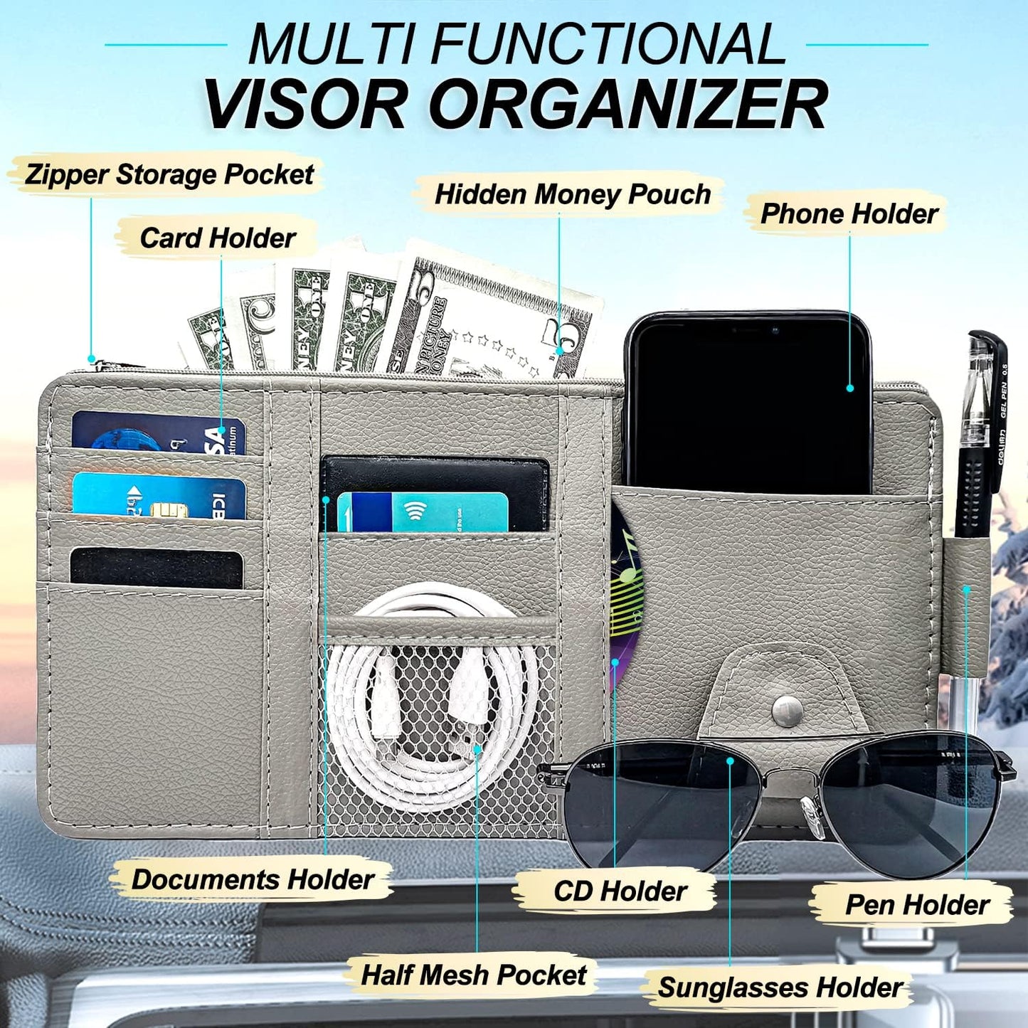 Keedolla Car Sun Visor Organizer with Zipper Pocket, Auto Interior Accessories Pocket Organizer Car Truck Visor Storage Pouch Holder for Cards, Pens, Sunglasses and Document - Gray