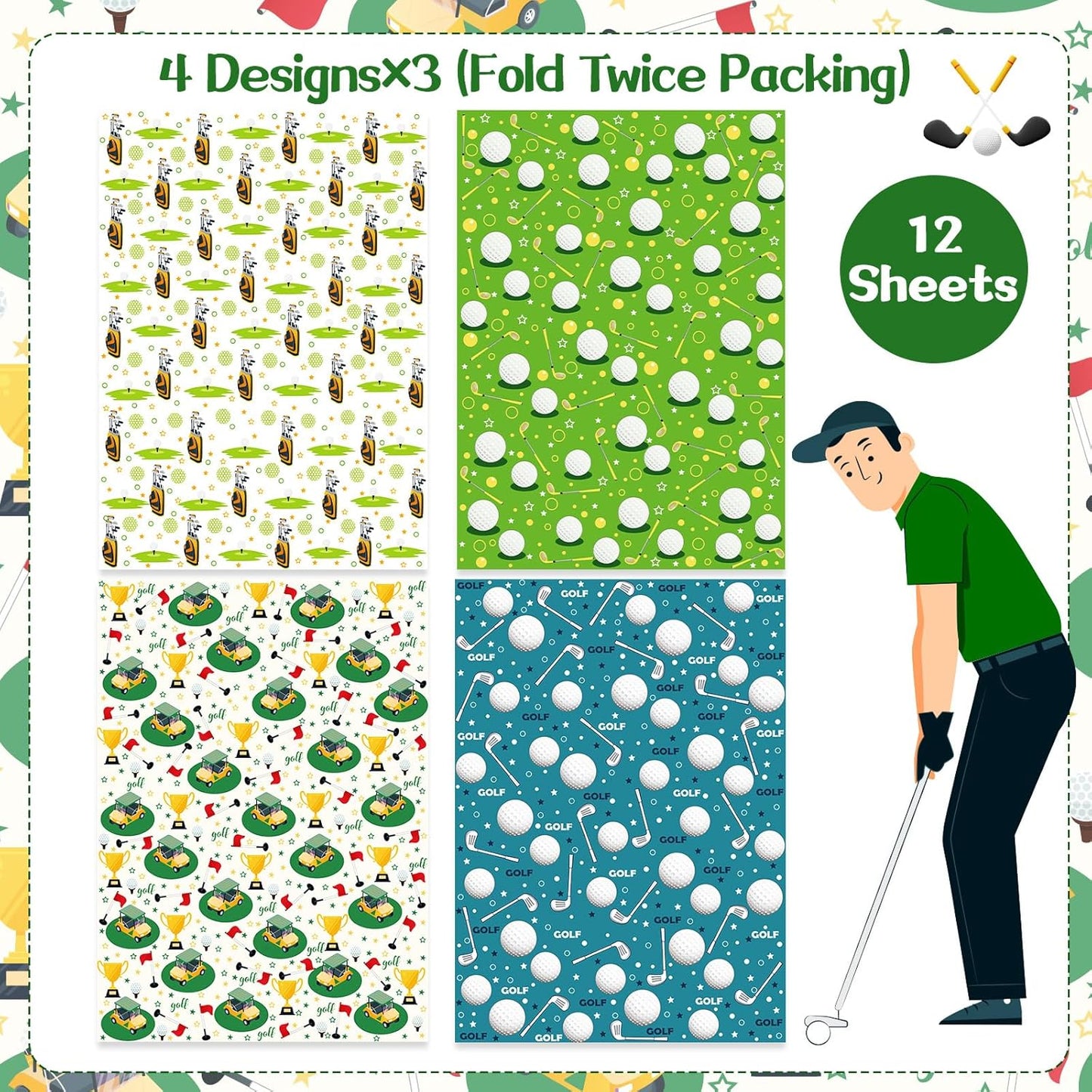 Golf Cart Bag Design Wrapping Paper - 12 Sheets Blue Green Golfing Gift Wrap Sports Themed Gifts for Birthday, Holiday - 20" x 28