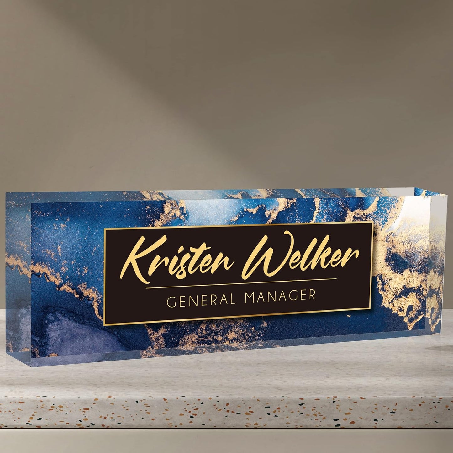 Personalized Name Plate for Desk Custom Acrylic Desk Name Plate Custom Employee Appreciation Gifts Office Gifts for Women, Men, Boss, Coworkers, Teacher, Nurse (A-Blue Marble)