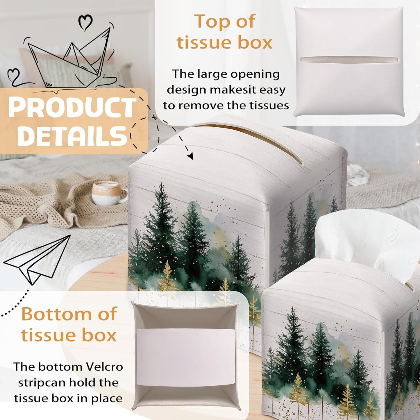 Winter Pine Tree Tissue Box Holder, Christmas Tree Leather Tissue Box Cover Square, Paper Facial Decorative Tissues Cover for Night Stands Bathroom Kitchen Office Home Decor-B17