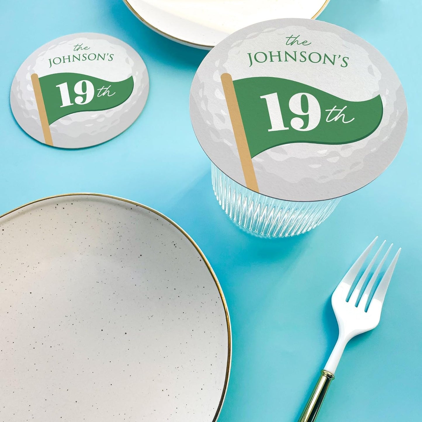 Big Dot of Happiness Personalized 19th Hole Golf Drink Coasters, 4-Inch Disposable Round Paper Coasters for Golf Clubhouse Birthday Party, Custom Funny Cocktail Table Decor for Bar Drinks - Set of 25