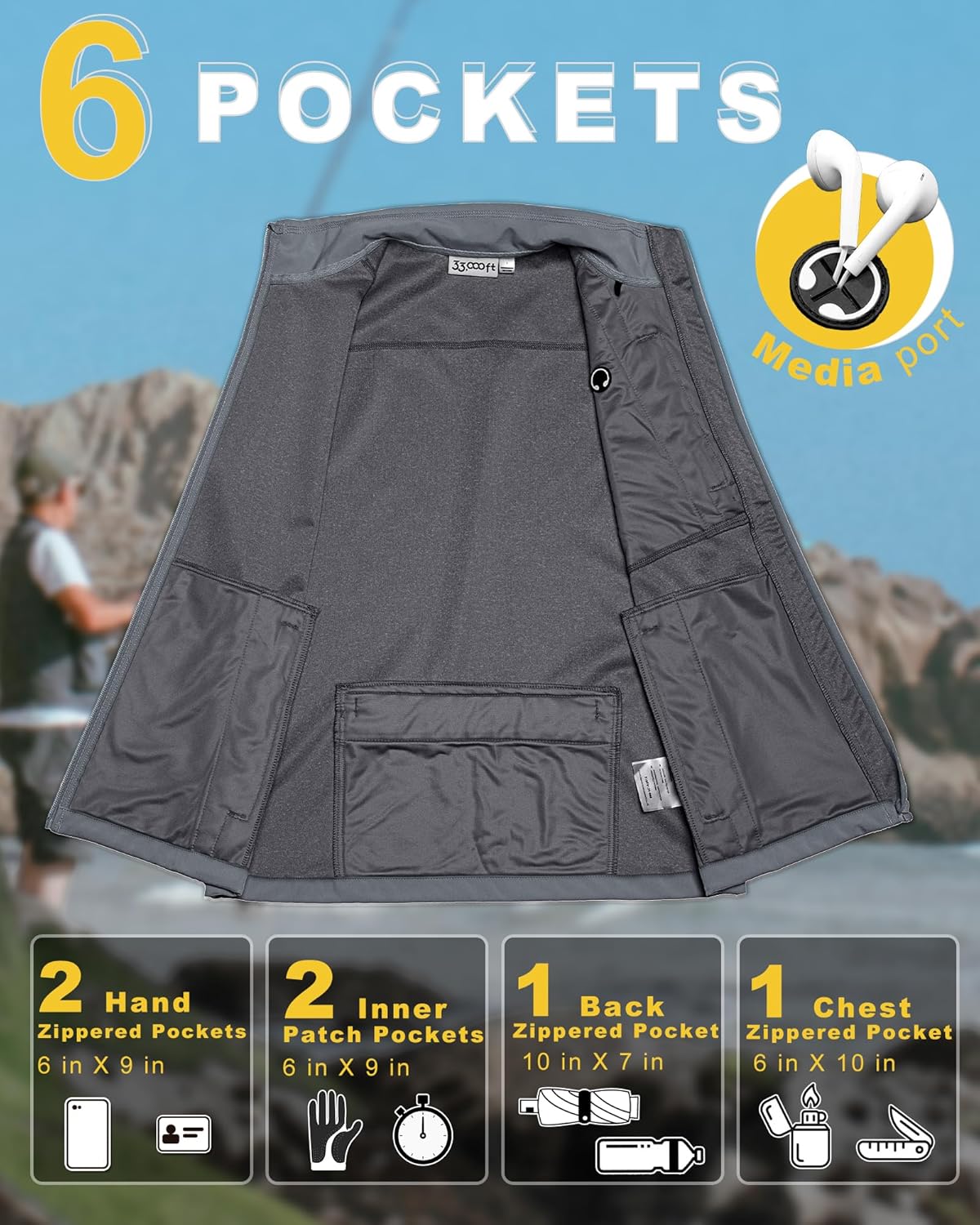 33,000ft Men's Windproof Lightweight Golf Vest Outerwear with Pockets, Softshell Sleeveless Jacket for Running Hiking Sports