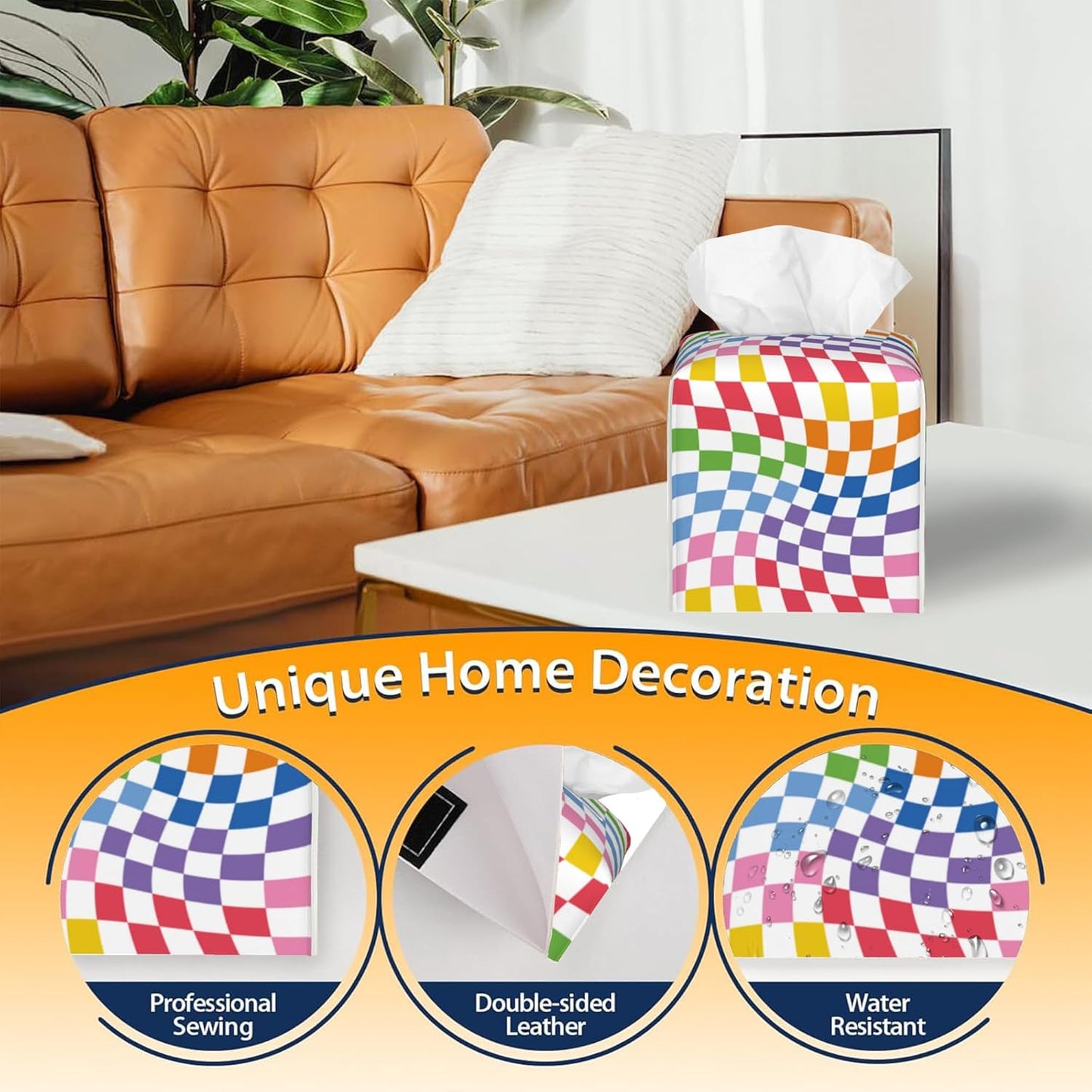 Tissue Box Cover Square,Colorful Wavy Checkerboard Tissue Box Holder Waterproof Leather Facial Paper Case Modern Home Decoration for Bedroom Dresser Night Stand Office Desk