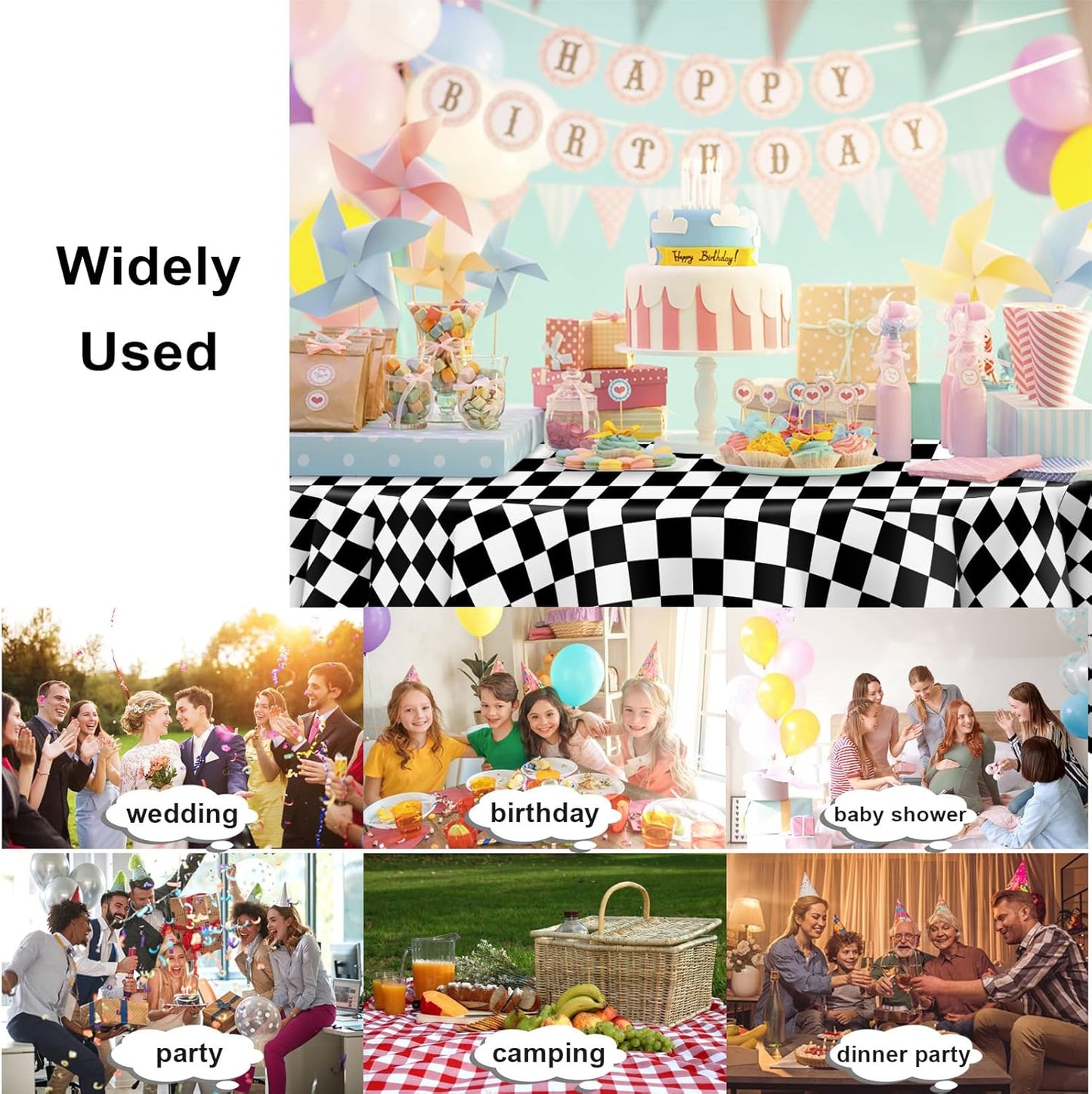 6 Pack Black and White Checkered Tablecloth, Round Black Checkered Flag Plastic Table Cloths for Parties Disposable, 84x84 in Waterproof Race Car Tablecloth for Birthday Party Halloween Picnic School