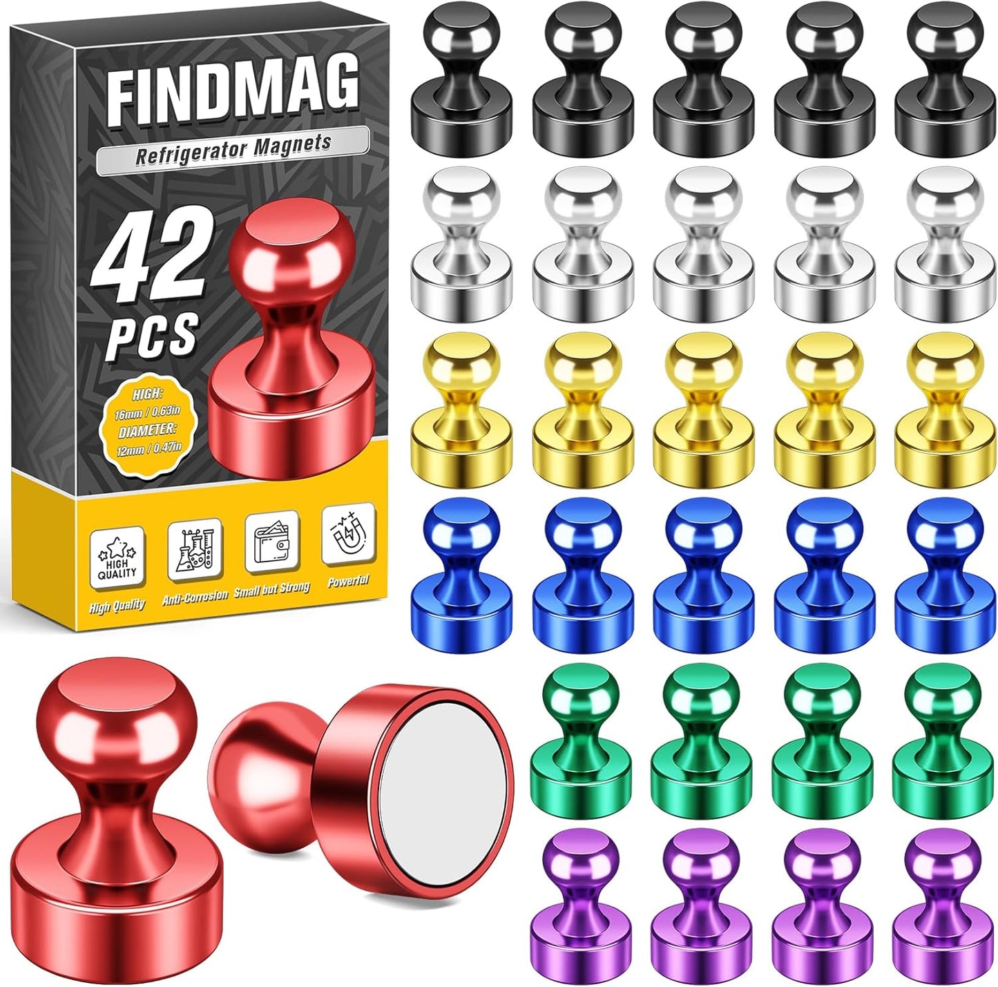 FINDMAG Fridge Magnets, Cute Colorful Locker Magnet, Decorative Whiteboard Magnets for Office, Kitchen, School, Cool Strong Mini Magnet for Metal Decorative, Home Decor, Map, Teacher, Pack of 42